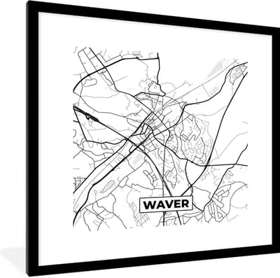 Fotolijst incl. Poster Zwart Wit- Stadskaart – Zwart Wit - Kaart – Waver – België – Plattegrond - 40x40 cm - Posterlijst