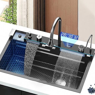 Velmio Luxe Spoelbak - Keukengootsteen - Groentewas - Digitale Display - Waterval - Gootsteen Set - 75x46 cm - 304 Roestvrijstaal