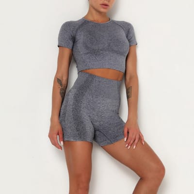 New Age Devi - Sport outfit - High Waist Squatproof Korte Broek - Crop Top met korte mouw - Grijs - Maat Large