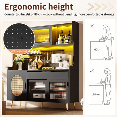 DESMIU Buffetkast - Met Ledverlichting En Veel Opbergruimte - Voor Keuken Woonkamer En Eethoek - MDF - 145x39x171 Cm - Zwart