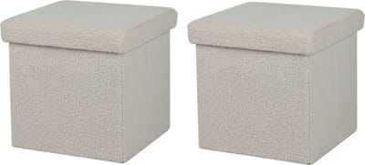 Urban Living Poef Teddy BOX - 2x - hocker - opbergbox - creme wit - polyester/mdf - 38 x 38 cm - opvouwbaar
