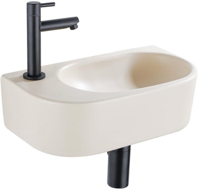 QeramiQ Fuente Fonteinset - 40x21.5x12cm - links - glad - halfrond - 1 kraangat - keramiek - fonteinkraan zwart mat - afvoerplug - verlaagd sifon - beige