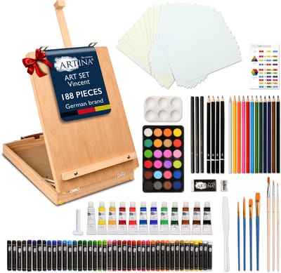Artina Schilderset 188-delig XXL - Tafelezel en Tekendoos incl. Aquarelverf, Acrylverf, Potloden, Penselen Vincent