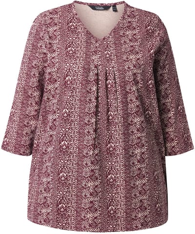 Ulla Popken - Dames - Shirt sierplooien A-lijn V-hals 3/4-mouwen - Donker kersenrood - Maat 42+