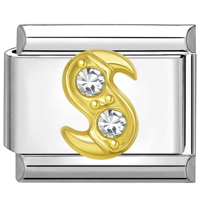 Quiges - Schakel - Bedel - 9mm - charms - Goud - Zirkonia - alfabet - letter S - Geschikt voor - armband - Schakelarmband - italy bedels armband