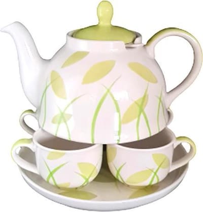Theeset - Theeservies 6-delig keramiek - Handgemaakt en geschilderd theeservies - Theepot - theezeef - 4 kopjes - onderbord - wit - groen