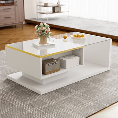 Wishdor - Salontafel - Met Opbergvak En Ledverlichting - Modern - Voor De Woonkamer - Spaanplaat En Glas - Wit - 90 X 50 X 32,5 Cm
