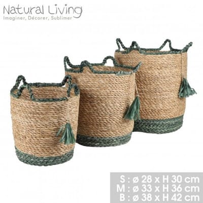 "NATURAL LIVING" SET VAN 3 MANDEN VAN PAPIERKOORD & MAÏS H30/H36/H42 CM
