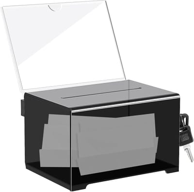 Afsluitbare acryl stembus met sleutel en bordhouder - 155 x 109 x 96 mm zwart