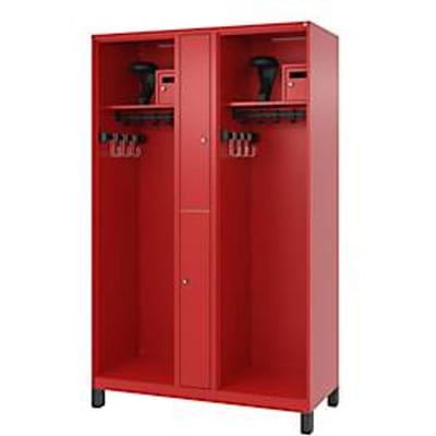 Brandweerkluis C+P Evolo Maxi, 4 vakken voor 2 personen, met helmhouder, met poten, B 1200 x D 500 x H 1950 mm, RAL 3000 vuurrood/RAL 7021 zwartgrijs
