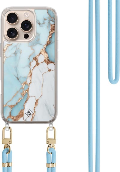 Casimoda® hoesje met koord - Geschikt voor iPhone 16 Pro - Marmer Lichtblauw - Afneembaar koord - TPU/polycarbonaat - Blauw