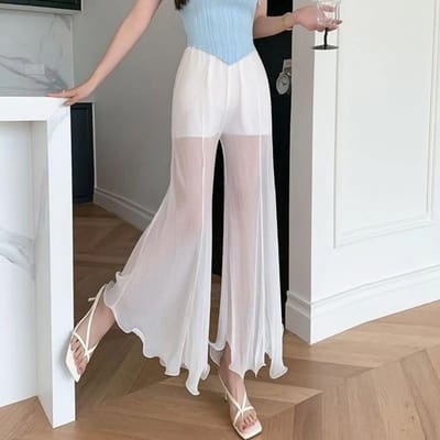 Witte Mesh Wijde Pijpen Broek Dames Geplooide Uitlopende Broek Elastisch Tailleband Ontwerp Geplooide Airconditioning Broek Dansbroek Zomer XL
