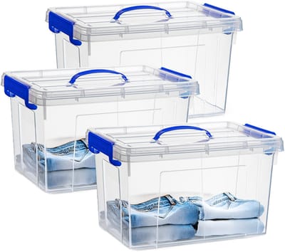 Plasticforte Opslagbox - 3x - met deksel - transparant blauw - 18.5 liter - 42 x 30 x 24 cm - kunststof - opbergdoos - opbergen