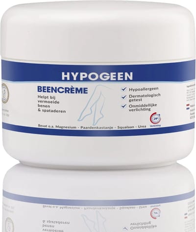 Hypogeen Beencrème – Verzorging voor Vermoeide, Droge & Gevoelige Benen – Hypoallergeen & pH-Neutraal – Met Magnesium, Paardenkastanje, Squalaan & Ureum – Spataderen crème - Geschikt onder Steunkousen – 200 ml pot