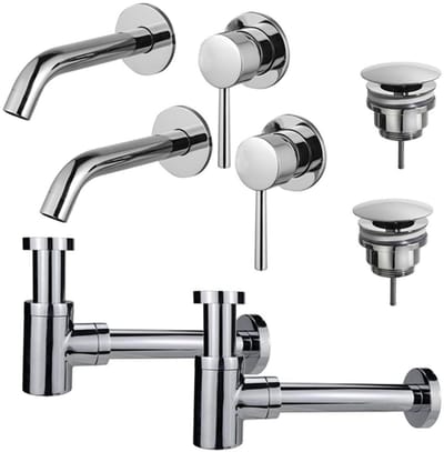 FugaFlow Eccelente Sobrado Badkamer Slim Wastafelkraanset - voor dubbele wastafel - inbouw wastafelkraan - always open plug - verlaagde design sifon - Chroom