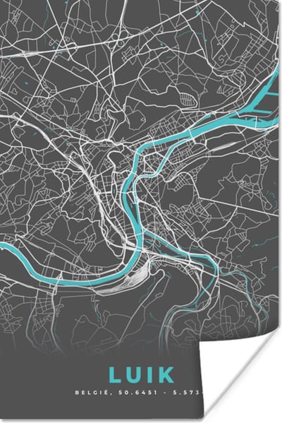 Poster Stadskaart – Grijs - Kaart – Luik – België – Plattegrond - 120x180 cm XXL