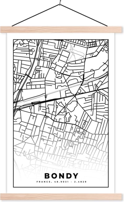 Posterhanger incl. Poster 40x60 cm - Schoolplaat - Kaart - Bondy - Stadskaart - Frankrijk - Plattegrond - Zwart wit - Textielposter - Blanke latten - Stadskaart