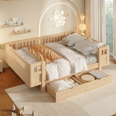 Platformbed 140x200 Met Lades - Houten Kinderbed Met Uitvalbeveiliging - Tienerbed Met Opbergruimte - 140x200 cm - Slaap En Opbergruimte - Naturel