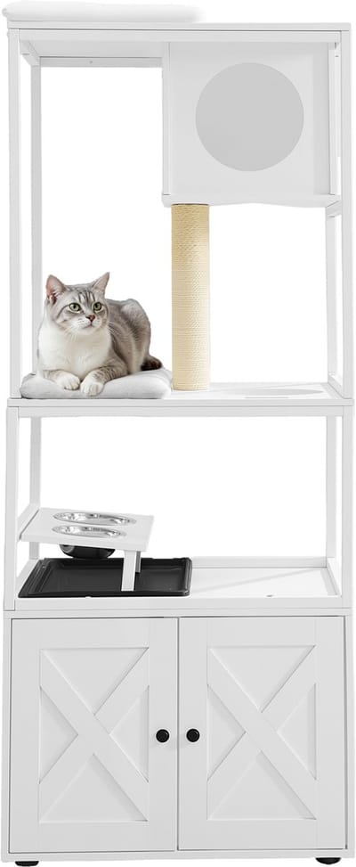 Feandrea - Krabpaal - Kattenboom - Kattenbak Kast - Verhoogde Voerbak - Sisalpaal - Wasbare Kussens