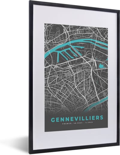 Fotolijst incl. Poster - Gennevilliers - Frankrijk - Plattegrond - Kaart - Stadskaart - 40x60 cm - Posterlijst