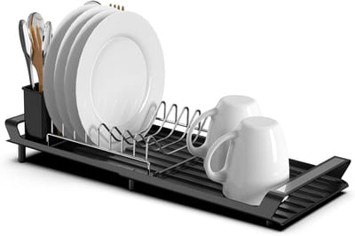 Thijox - Uittrekbaar Afdruiprek voor Servies, Roestvrijstalen Dienblad voor Borden en Kopjes, Zwart, 28-47 cm, Ideaal voor Keuken en Afwas