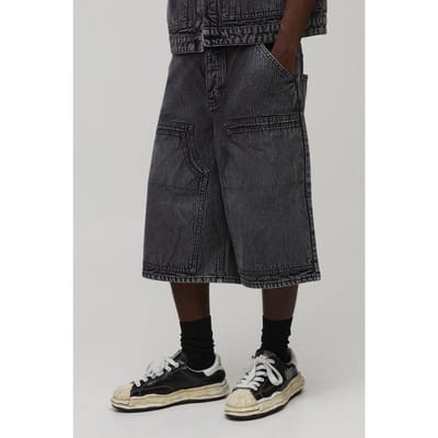 Herringbone Denim Double Carpenter Longline Jorts | Washed Black | Size 46R