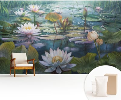 Wallfluent Behang - Vijverbloemen Muurbehang - 416x254 cm - Groente Behang - Voor natuur- en kunstliefhebbers - Behang Voor de slaapkamer, woonkamer en kantoor - Wanddecoratie Bloemen en planten