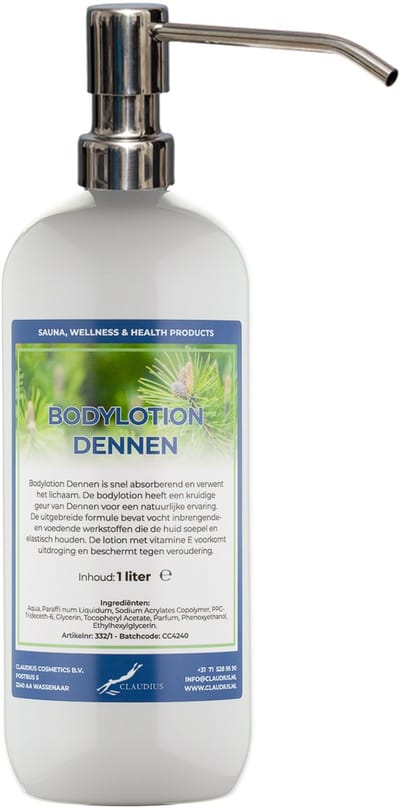 Bodylotion Dennen 1 Liter met luxe RVS zilverkleurige pomp - stijlvolle en duurzame uitstraling