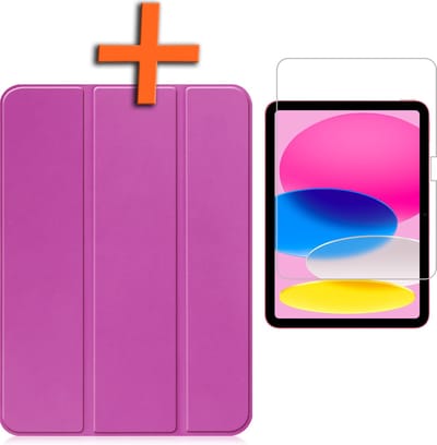 Hoesje - Geschikt voor Apple iPad 10 (2022) - 10.9 inch - 10e Generatie - Met Screenprotector - Trifold Bookcase - Hard Cover Case - Met Uitsparing Geschikt voor Apple Pencil - Hardcover Book - Tablet Hoes - Paars