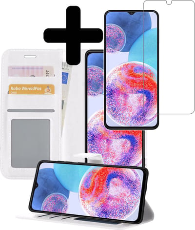 Hoesje - Met Screenprotector - Geschikt voor Samsung Galaxy A23 - Luxe Pasjeshouder - Bookcase Portemonee - Flip Case - Kunstleer Book Case - Flipcase - Book Cover - Walletcase - Portemonneehoes - Telefoonhoesjes - Wit