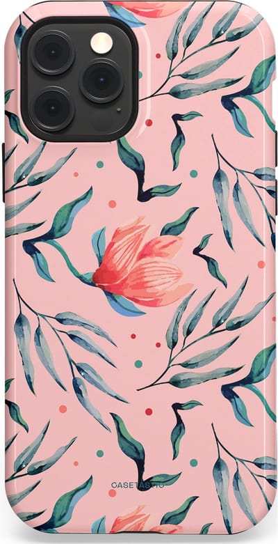 Casetastic hoesje geschikt voor Apple iPhone 12 / Apple iPhone 12 Pro - MagSafe - Dubbellaagse bescherming - Roze Bloemen en Takken - Fashion Case - Lichtroze Zilver Perzik