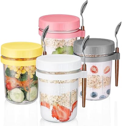 Potten met deksel, 360 ml, inmaakpotten van glas, meetmerken, voorraaddozen met deksel en lepel, meal prep-potten voor haver, granen, fruit, melk, salade, yoghurt