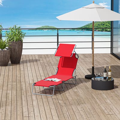 OKWISH Ligbed 187 x 58 cm - Inklapbaar Met Verstelbaar Zonnedak - Voor Tuin Terras Zwembad En Strand - Metaal En Oxfordstof - Rood