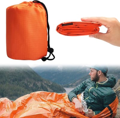 Noodslaapzak - Overlevingsslaapzak - Geïsoleerde deken - Noodkampeertas - Noodreddingsdeken - Herbruikbaar - Geschikt voor buiten, kamperen, wandelen, reizen - 210 x 90 cm - Oranje