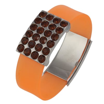 Siliconen armband in oranje met bruine kristallen en verstelbare horlogesluiting – glanzend zilverkleurig detail