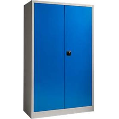 Materiaalkast - stalen - afsluitbaar - 5 OH - B 1200 x D 400 x H 1935 mm - 4 verzinkte legborden – blank aluminiumkleurig/gentiaanblauw - ons merk Schäfer Shop Select