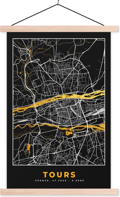 Posterhanger incl. Poster 40x60 cm - Schoolplaat - Frankrijk – Tours – Stadskaart – Plattegrond – Kaart - Textielposter - Blanke latten - Stadskaart