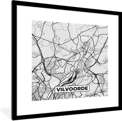 Fotolijst incl. Poster Zwart Wit- Zwart Wit – België – Plattegrond – Stadskaart – Kaart – Vilvoorde - 40x40 cm - Posterlijst