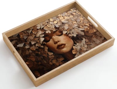 Dienblad hout 50x35 cm - Schootdienblad - Gezicht - Vrouwe - Bladeren - Penseelstreken - Borrelplank rechthoek - Plateau dienbladen
