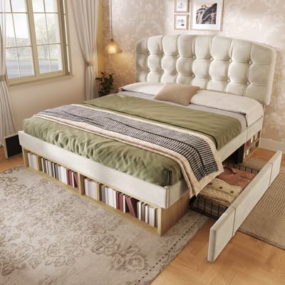 140x200cm gestoffeerd bed - met verstelbare hoogte gebogen hoofdeinde - met lade en opbergruimte - zonder matras - beige
