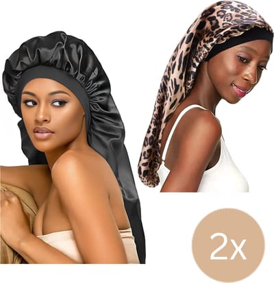 2x Extra Lange Vochtregulerende Satijnen Slaapmuts Voor Lang Haar - Panter & Black - Satijnen Bonnet - Slaapmuts Satijn - Satijnen Slaapmuts - Voordeelverpakking