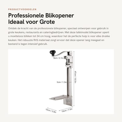 Dailygoods- Blikopener Professioneel - Blikopener Gastronomie - Roestvrij Staal - Maximale Openingshoogte 27,9 cm - Lengte 48,3 cm - Gewicht 4000 g - Tafelblikopener