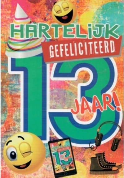 Hartelijk gefeliciteerd! Je bent 13 jaar geworden! Een kleurrijke wenskaart met blije smileys en een mobieltje. Een leuke kaart om zo te geven of om bij een cadeau te voegen. Een dubbele wenskaart inclusief envelop en in folie verpakt.