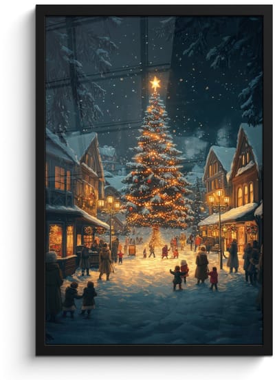 Poster in lijst - Fotolijst 40x60 cm - Posters - Kerstfeest - Dorp - Donker - Posterlijst zwart - Decoratie - Wanddecoratie woonkamer - Muurdecoratie slaapkamer - Kerstversiering - Kerstdecoratie voor binnen - Kerstmis