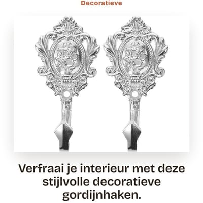 Dailygoods- Gordijnhaken Vintage Stijl - Decoratieve Haken - Zinklegering - 2 Stuks - 9,5 x 5 cm - Inclusief Schroeven - Wandhaak
