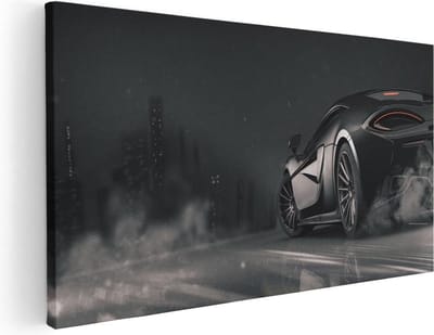 Artaza Canvas Schilderij Auto - 40x20 cm - Klein - Wanddecoratie Sportauto - Muurdecoratie Mancave - Schilderij Skyline - Zwart