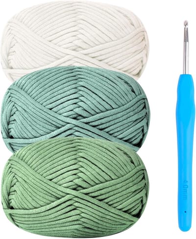 garen om te haken, katoenen garen, dikke wol om te haken, 3 x 50 g, haakgaren voor beginners, amigurumi-garen met 4 mm haaknaald, Easy Crochet Starter Kit (Avocado)