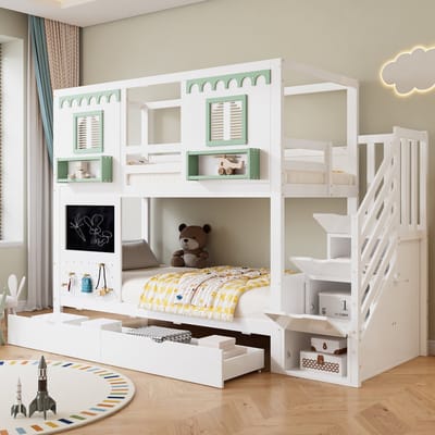 DESMIU Kinderstapelbed 90x200cm Zonder Matras – Met Trappenkast, Lades en Tafelbord – Voor Kinderkamer – Grenenhout, MDF en Multiplex – Wit Groen