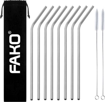 Fako Bijoux - RVS Rietjes - 8 Stuks - Gebogen - Herbruikbaar - 21 cm - 2 Schoonmaakborsteltjes - Zilver