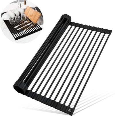 W&Z Afdruiprek Oprolbaar 43 x 33 cm - Hittebestendig Onderzetter - Afdruipmat - Pannenonderzetter - Gootsteenmat - Zwart
